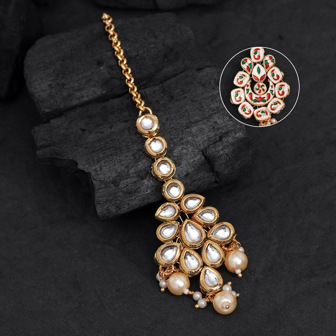 Gold Color Meena Work Kundan Maang Tikka (MTK555GLD)