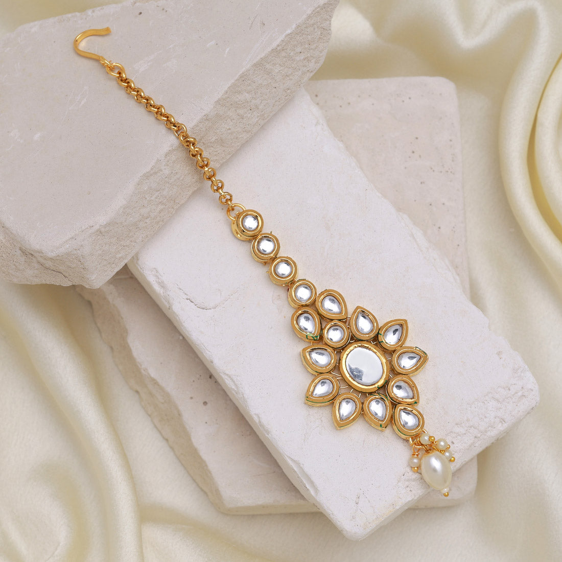 White Color Meena Work Kundan Maang Tikka (MTK559WHT)