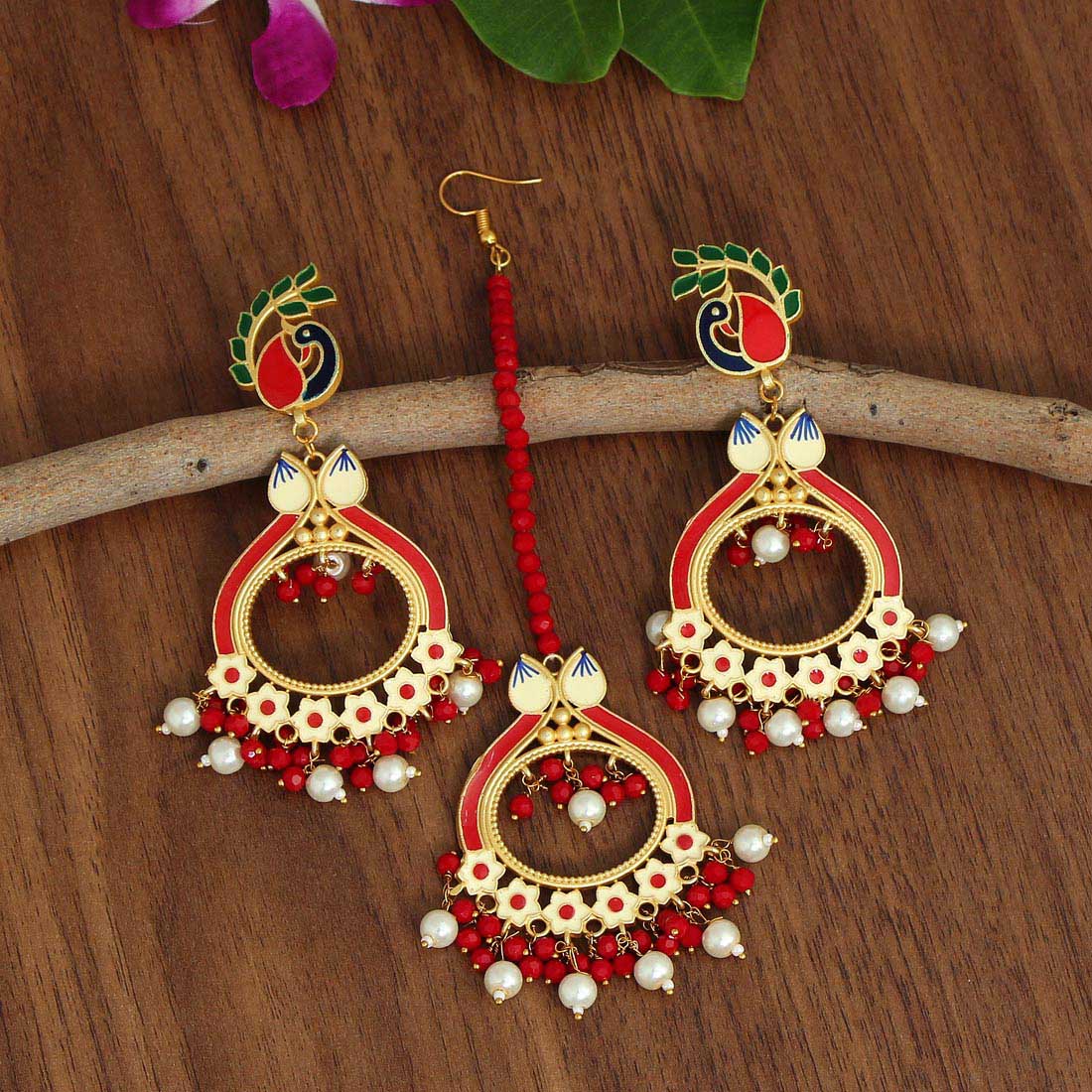 Red Color Meenakari Earrings Tikka Set (MTKE422RED)