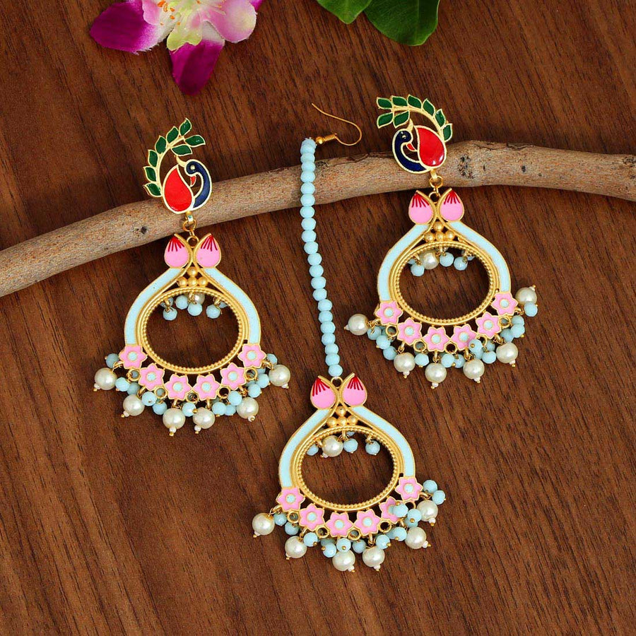 Sky Blue Color Meenakari Earrings With Maang Tikka (MTKE422SBLU)