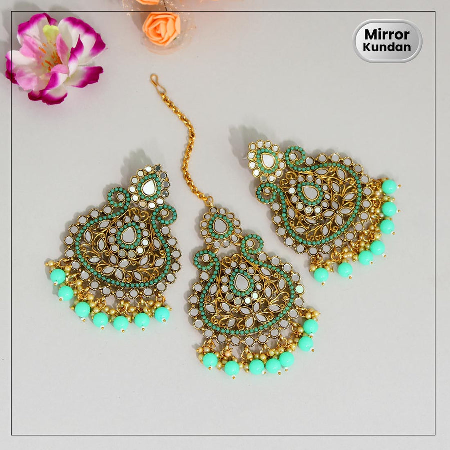 Rama Green Color Mirror Work Earrings With Maang Tikka (MTKE425RGRN)