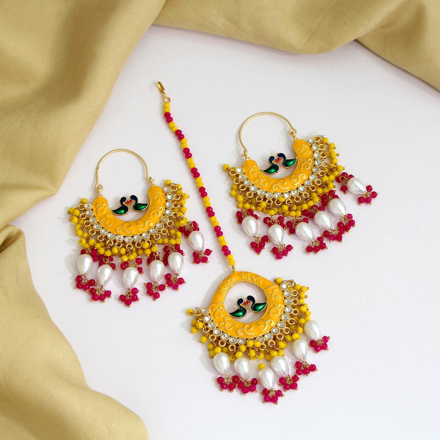 Yellow Color Meenakari Earrings With Maang Tikka (MTKE437YLW)