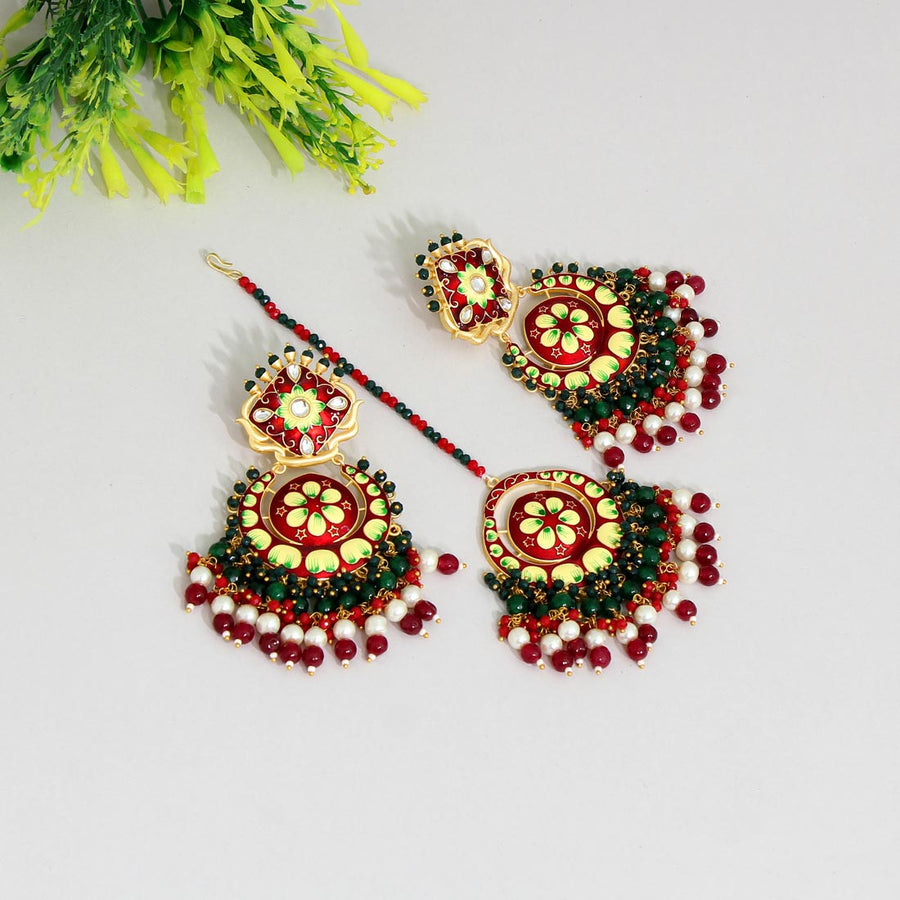 Maroon Color Meenakari Earrings Tikka Set (MTKE439MRN)