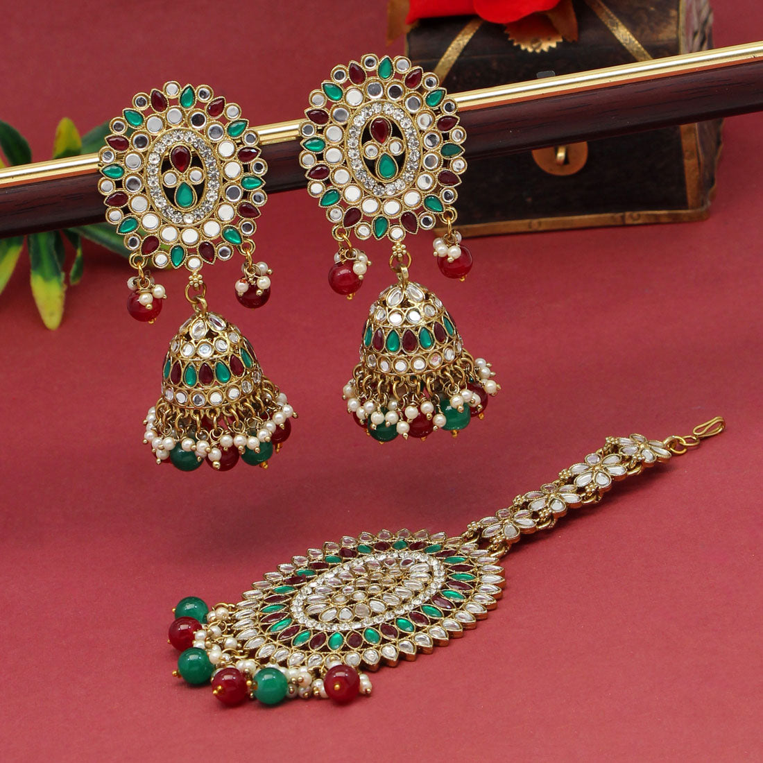 Maroon & Green Color Mirror Kundan Earrings With Maang Tikka (MTKE459MG)