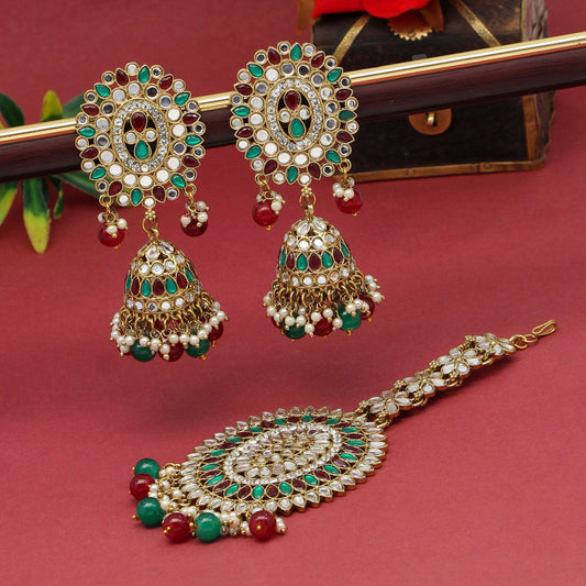Maroon & Green Color Mirror Kundan Earrings With Maang Tikka (MTKE459MG)