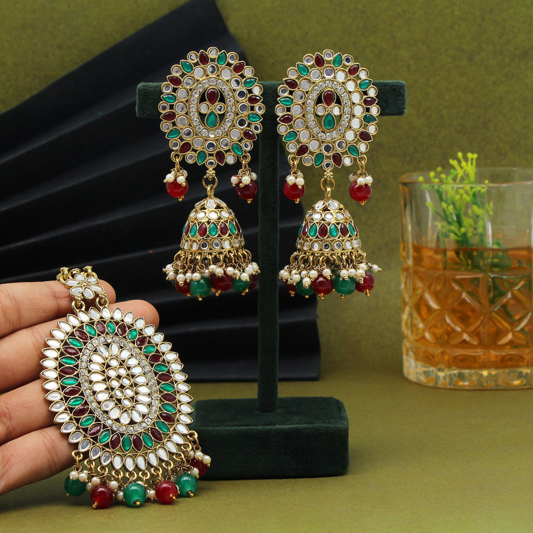 Maroon & Green Color Mirror Kundan Earrings With Maang Tikka (MTKE459MG)