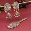 Purple Color Mirror Kundan Earrings With Maang Tikka (MTKE459PRP)
