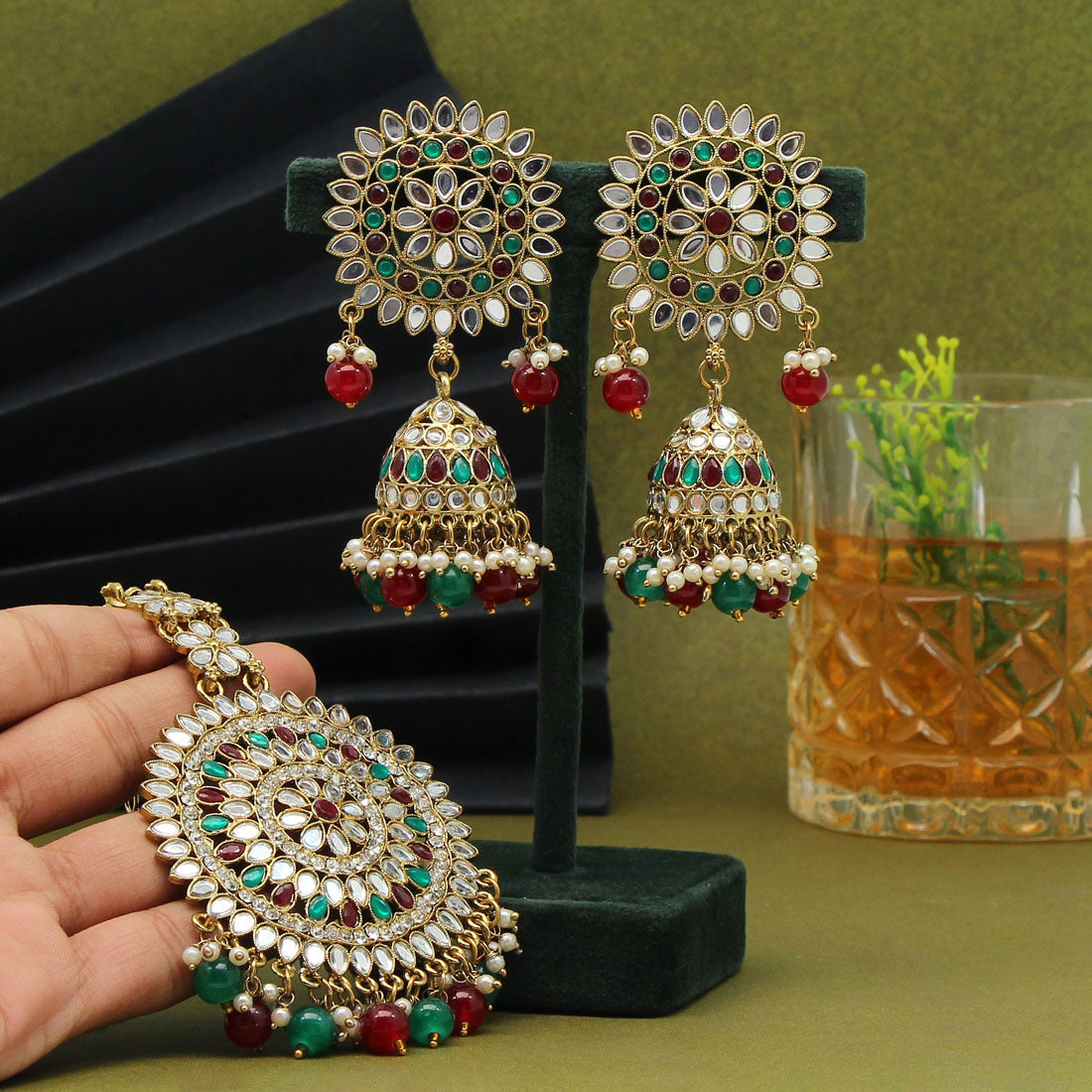 Maroon & Green Color Mirror Kundan Earrings With Maang Tikka (MTKE460MG)