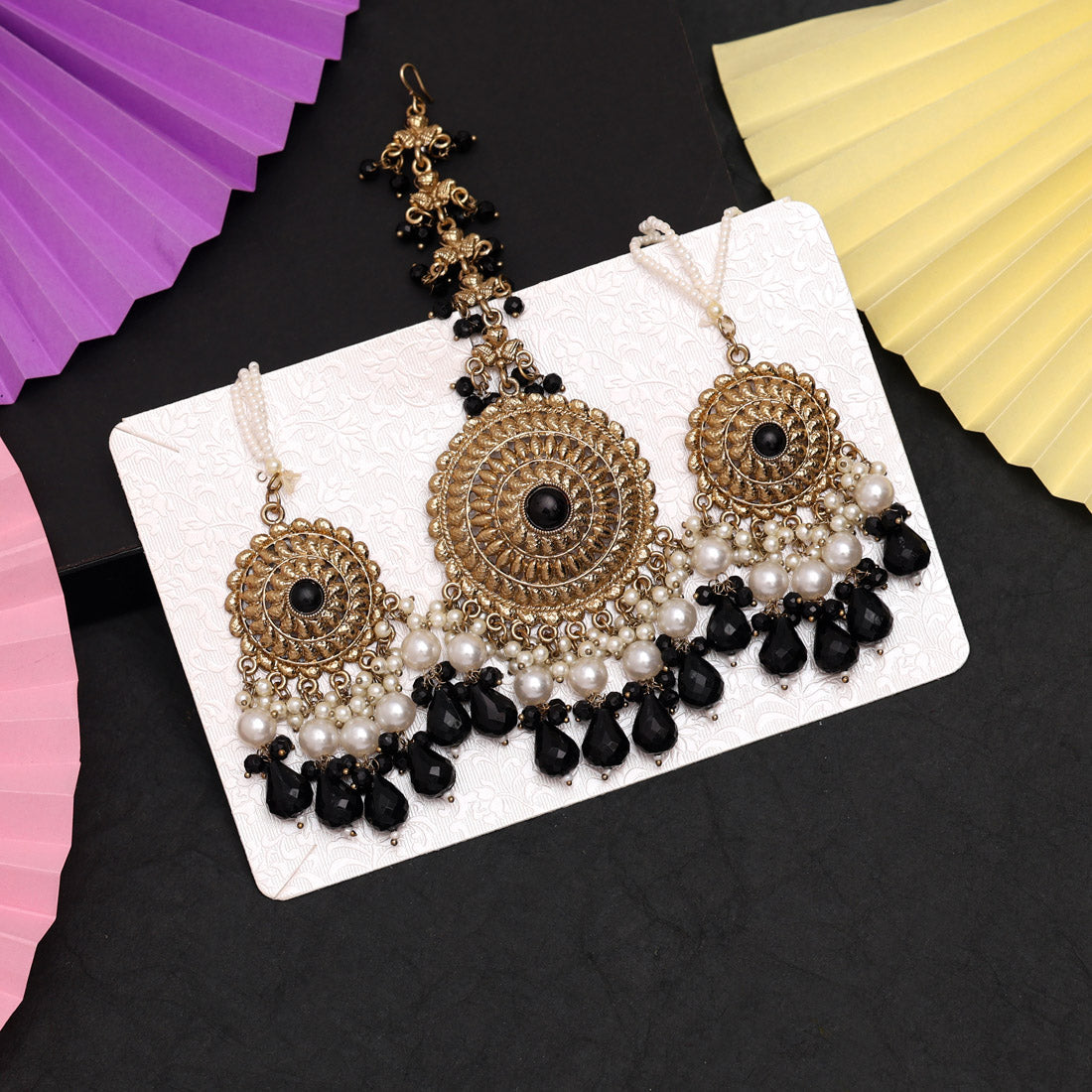 Black Color Earrings With Maang Tikka (MTKE468BLK)