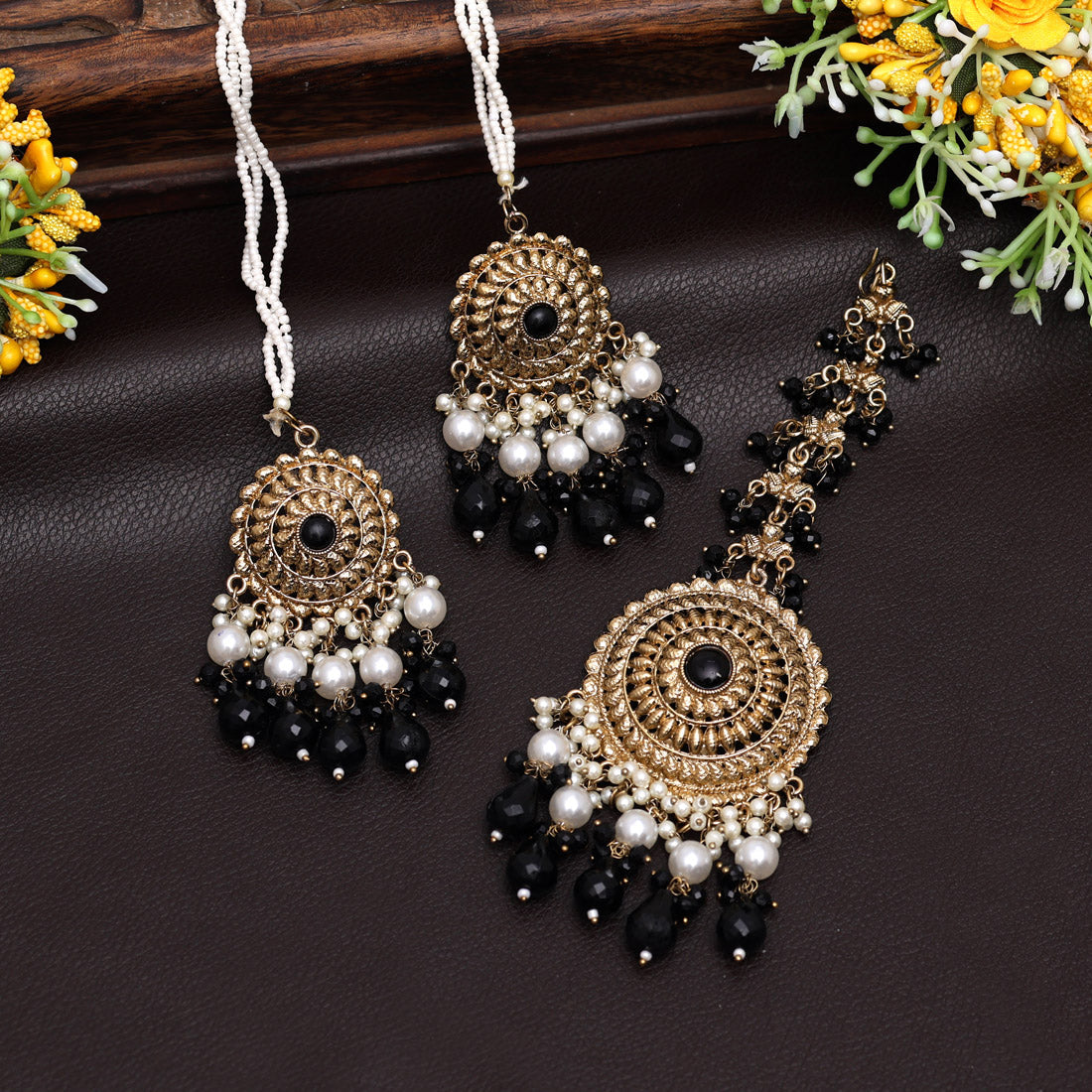 Black Color Earrings With Maang Tikka (MTKE468BLK)