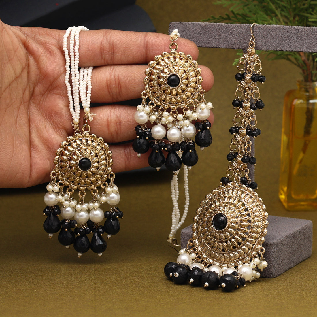 Black Color Earrings With Maang Tikka (MTKE468BLK)