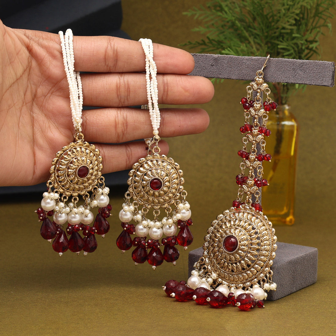 Maroon Color Earrings With Maang Tikka (MTKE468MRN)