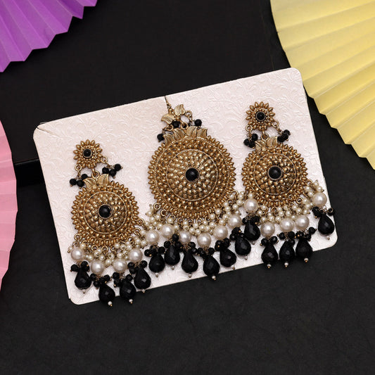 Black Color Earrings With Maang Tikka (MTKE469BLK)