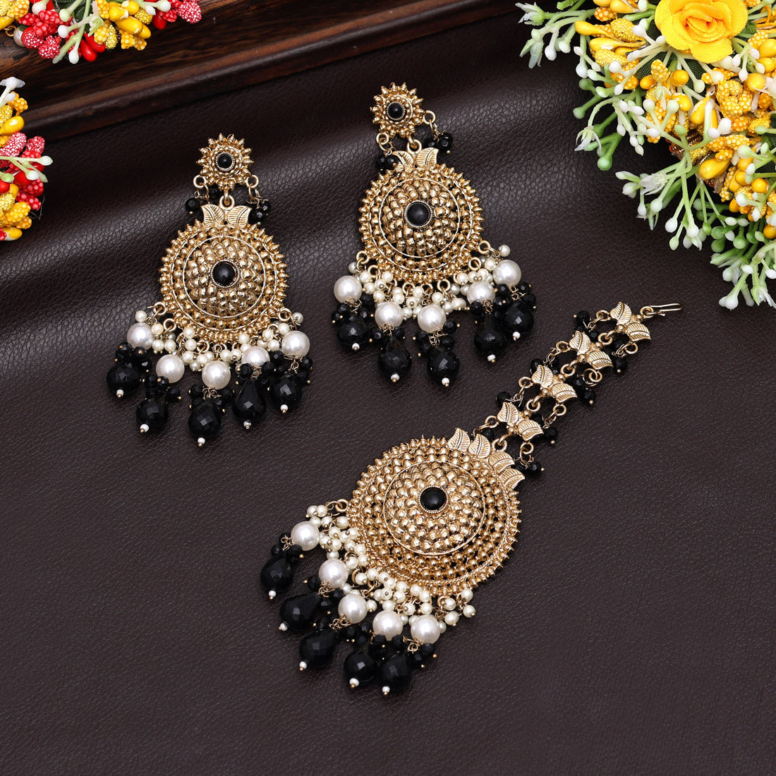 Black Color Earrings With Maang Tikka (MTKE469BLK)