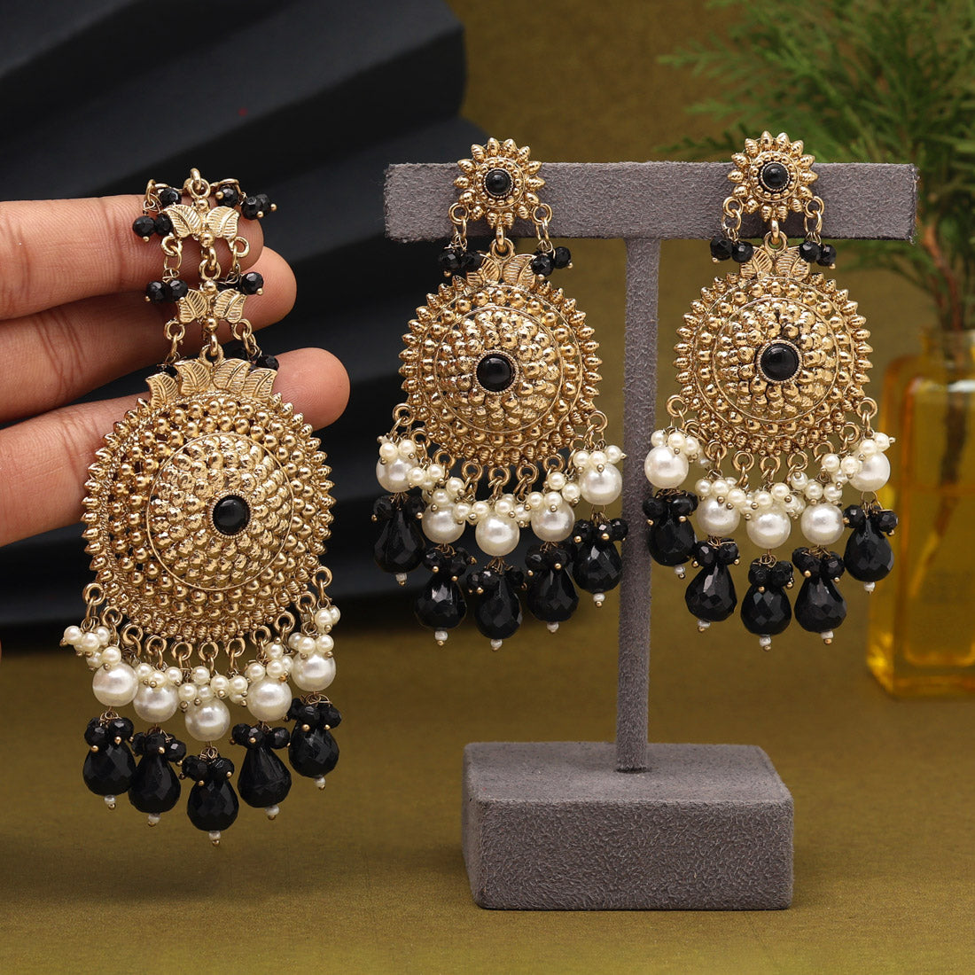 Black Color Earrings With Maang Tikka (MTKE469BLK)