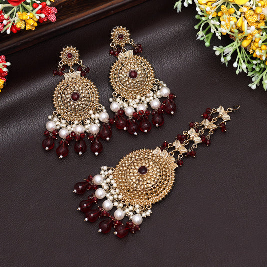 Maroon Color Earrings With Maang Tikka (MTKE469MRN)