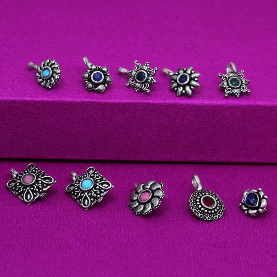 Assorted Color And Design Oxidised Nose Pin Combo Of 10 Pieces (NSP134CMB)