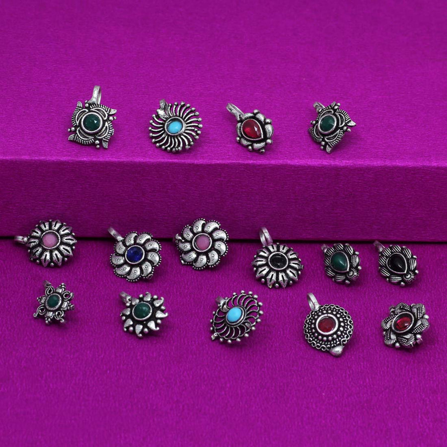 Assorted Color And Design Oxidised Nose Pin Combo Of 15 Pieces (NSP135CMB)