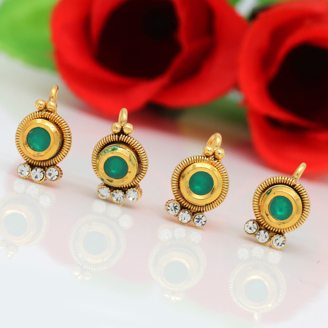 Green Color Kundan Nose Pin Combo Of 4 Pieces (NSP160CMB)