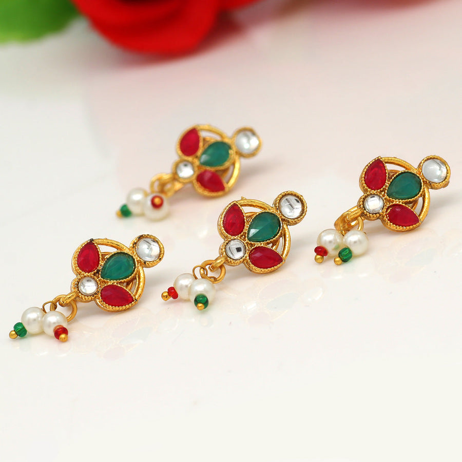 Maroon & Green Color Kundan Nose Pin Combo Of 4 Pieces (NSP163CMB)