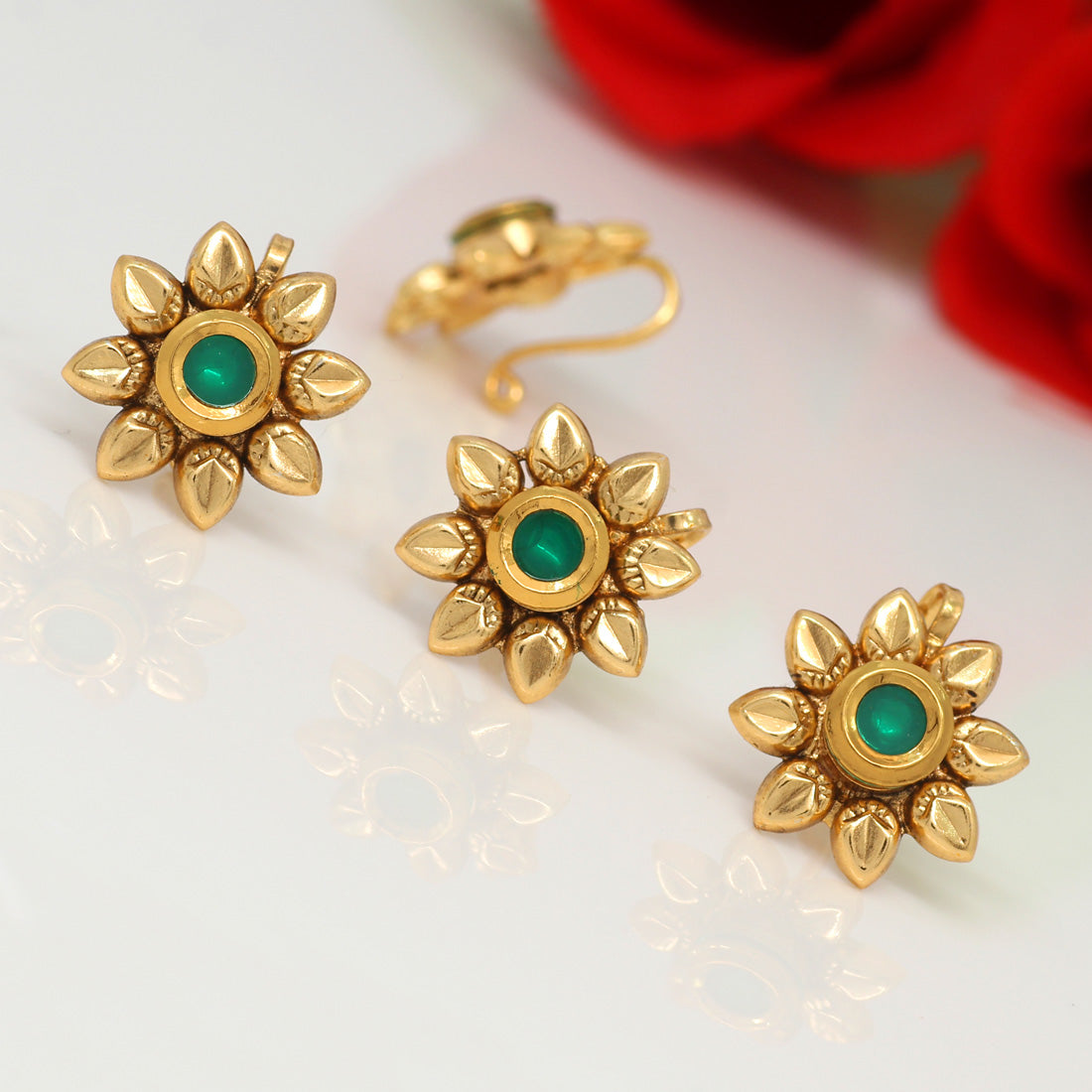 Green Color Kundan Nose Pin Combo Of 4 Pieces (NSP168CMB)