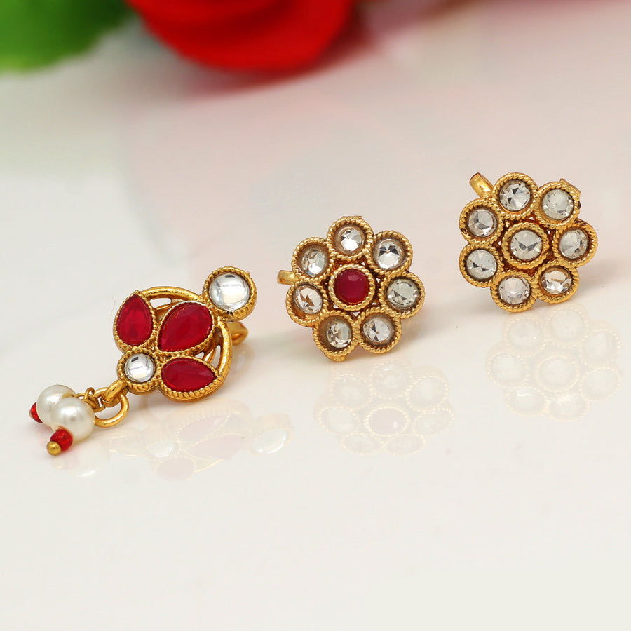 Multi Color Kundan Nose Pin Combo Of 3 Pieces (NSP187CMB)