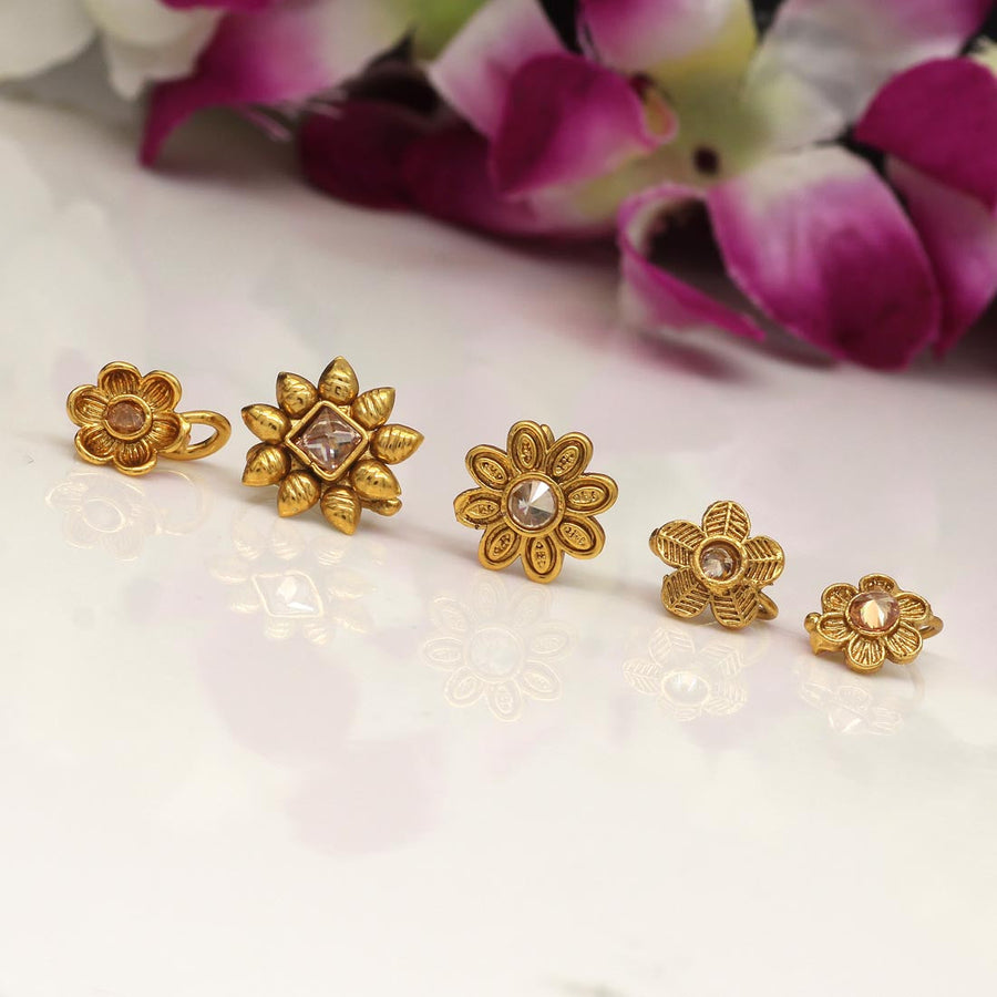Gold Color Kundan Nose Pin Combo Of 5 Pieces (NSP190CMB)