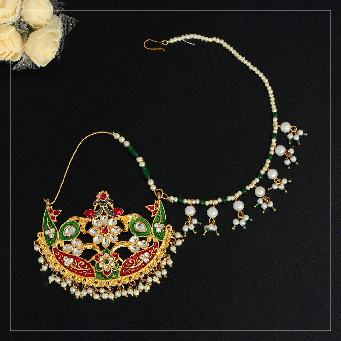 Maroon & Green Color Glass Stone Meenakari Nose Nath (NTH286MG)