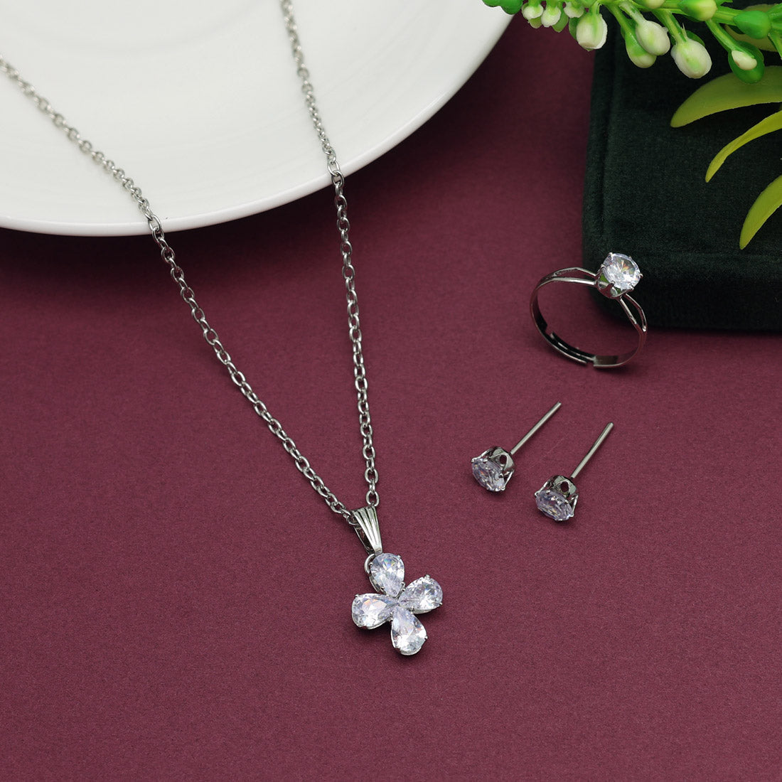 Silver Color Stone Locket Pendant Set (PLKP168SLV)