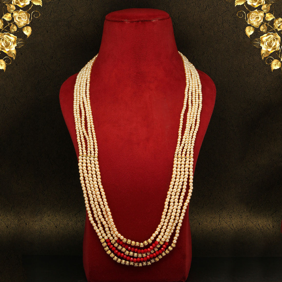 Red & Gold Color Beads Long Necklace (PN740REDGLD)