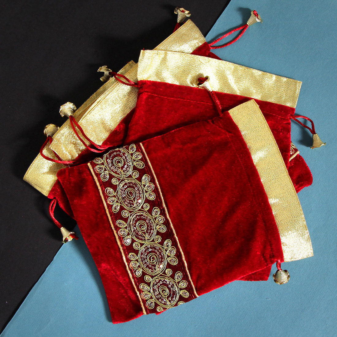 Red Color Velvet 5 Potli Velvet Bags (PTB210CMB)