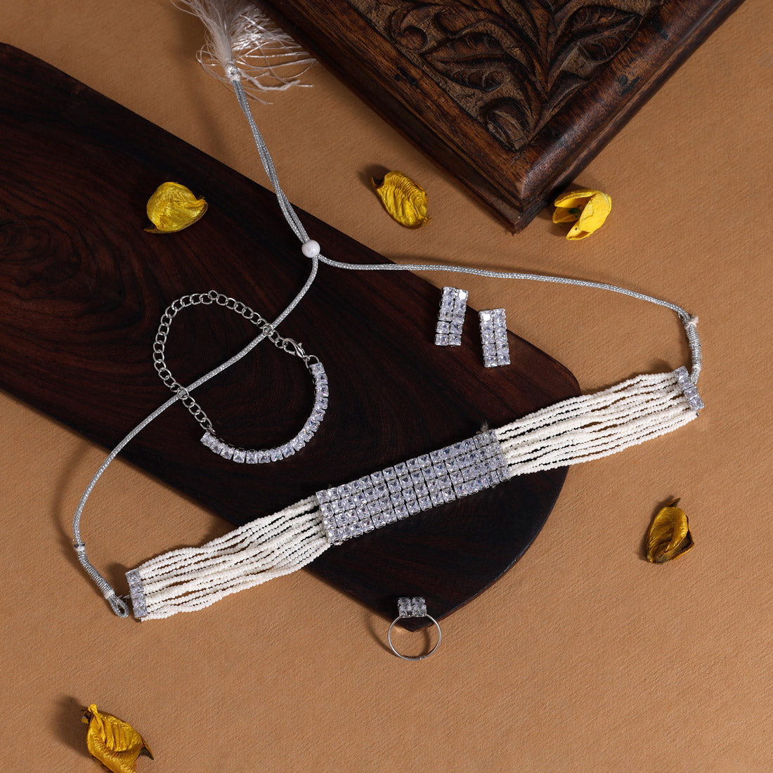 Silver Color Choker Stone Necklace Set (STN159SLV)