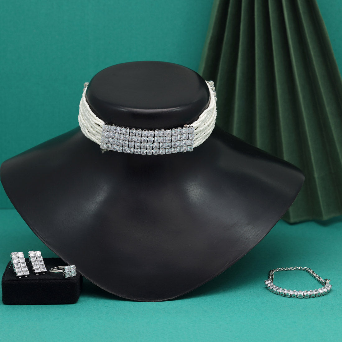 Silver Color Choker Stone Necklace Set (STN159SLV)