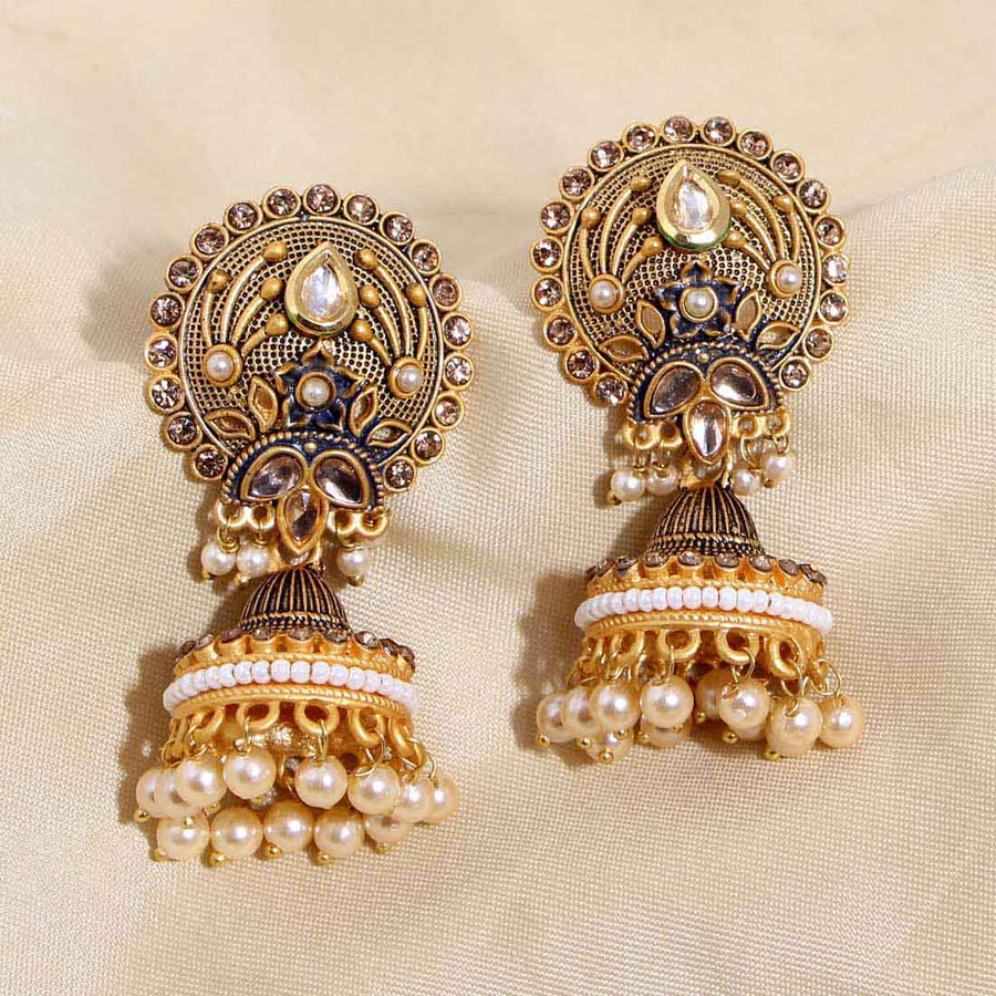 Navy Blue Color Glass Stone Tample Earrings (TMPE252NBLU)