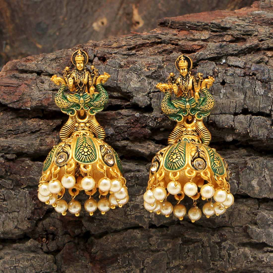 Green Color Glass Stone Tample Earrings (TMPE266GRN)