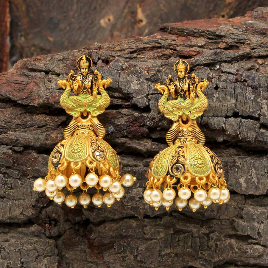 Parrot Green Color Glass Stone Tample Earrings (TMPE266PGRN)