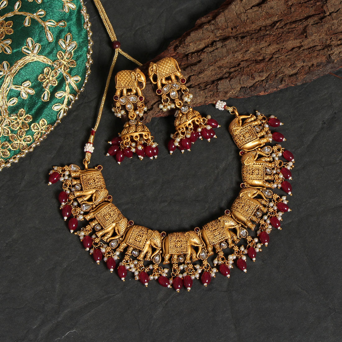 Rani Color Rajwadi Matte Gold Necklace Set (TPLN418RNI)