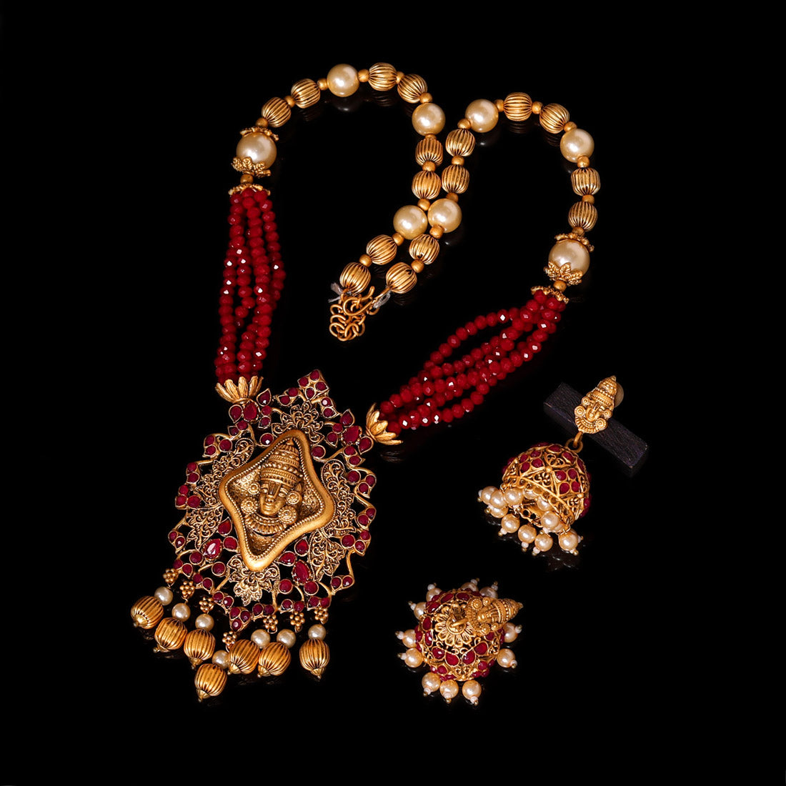 Maroon Color Matte Gold Rajwadi Temple Necklace Set (TPLN454MRN)