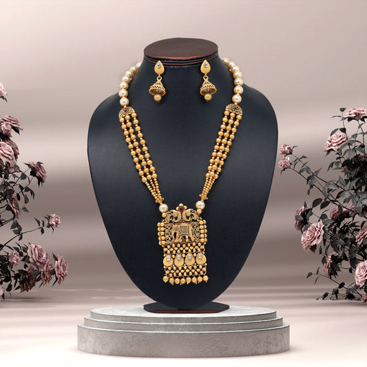 Rani Color Long Matte Gold Rajwadi Temple Necklace Set (TPLN514RNI)