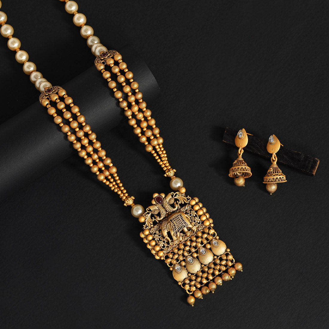 Rani Color Long Matte Gold Rajwadi Temple Necklace Set (TPLN514RNI)