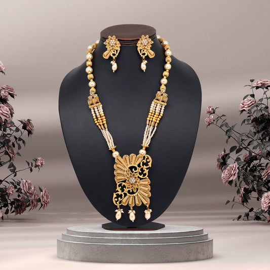 Gold Color Long Matte Gold Rajwadi Temple Necklace Set (TPLN522GLD)