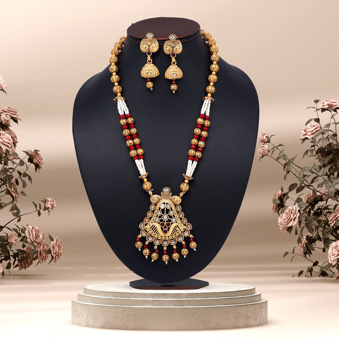 Maroon Color Long Matte Gold Rajwadi Temple Necklace Set (TPLN555MRN)