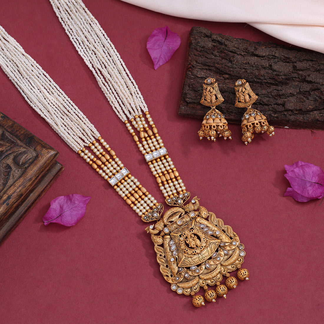 Gold Color Lord Radha Krishna Matte Gold Rajwadi Temple Necklace Set (TPLN584GLD)