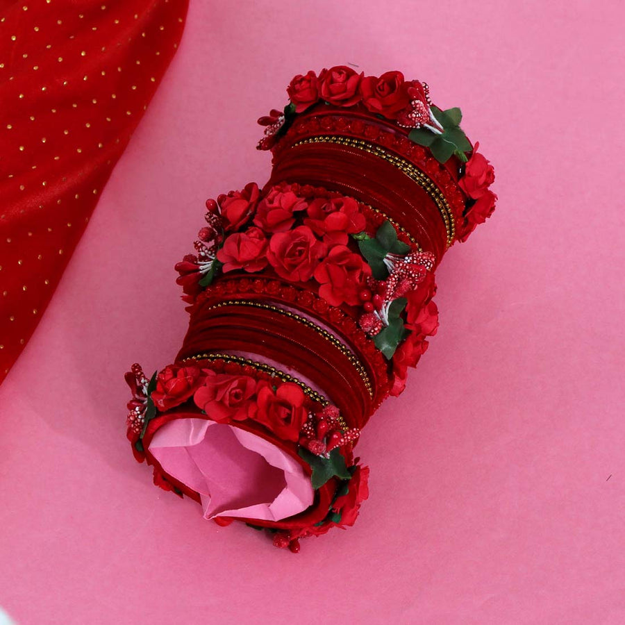 Red Color Rose Floral Bangles Set Size: 2.8 (TRB112RED-2.8)