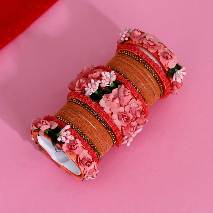 Peach Color Rose Floral Bangles Set: 2.8 (TRB125PCH-2.8)