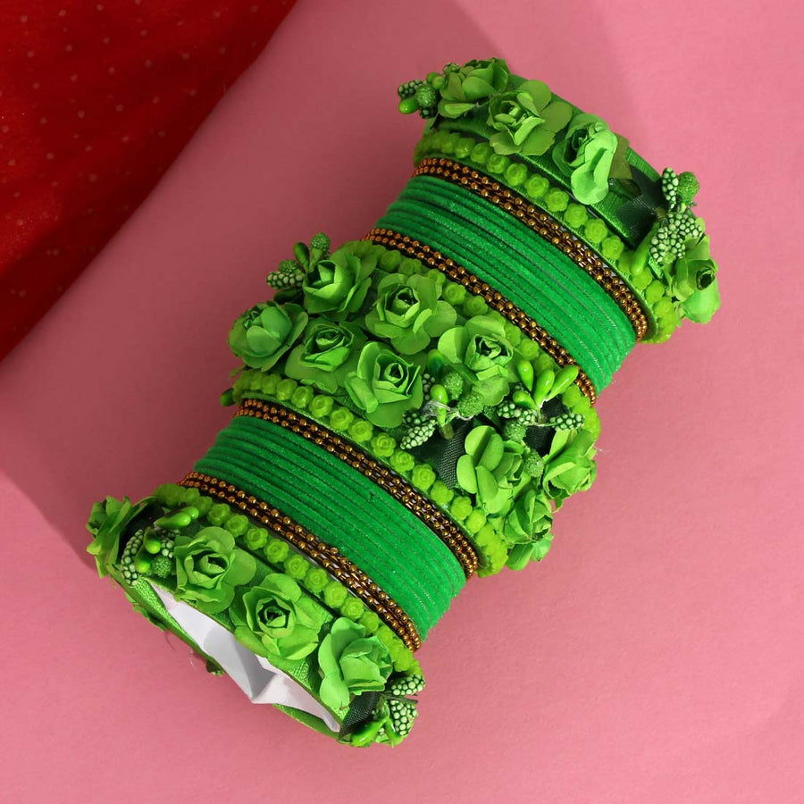 Green Color Rose Floral Bangles Set: 2.8 (TRB128GRN-2.8)
