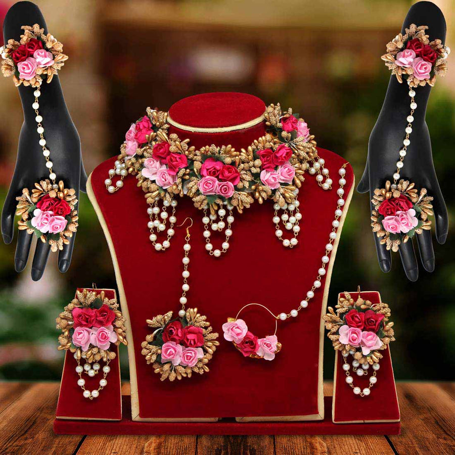 Pink Color Synthetic Rose Floral Bridal Set (TRN1727PNK)