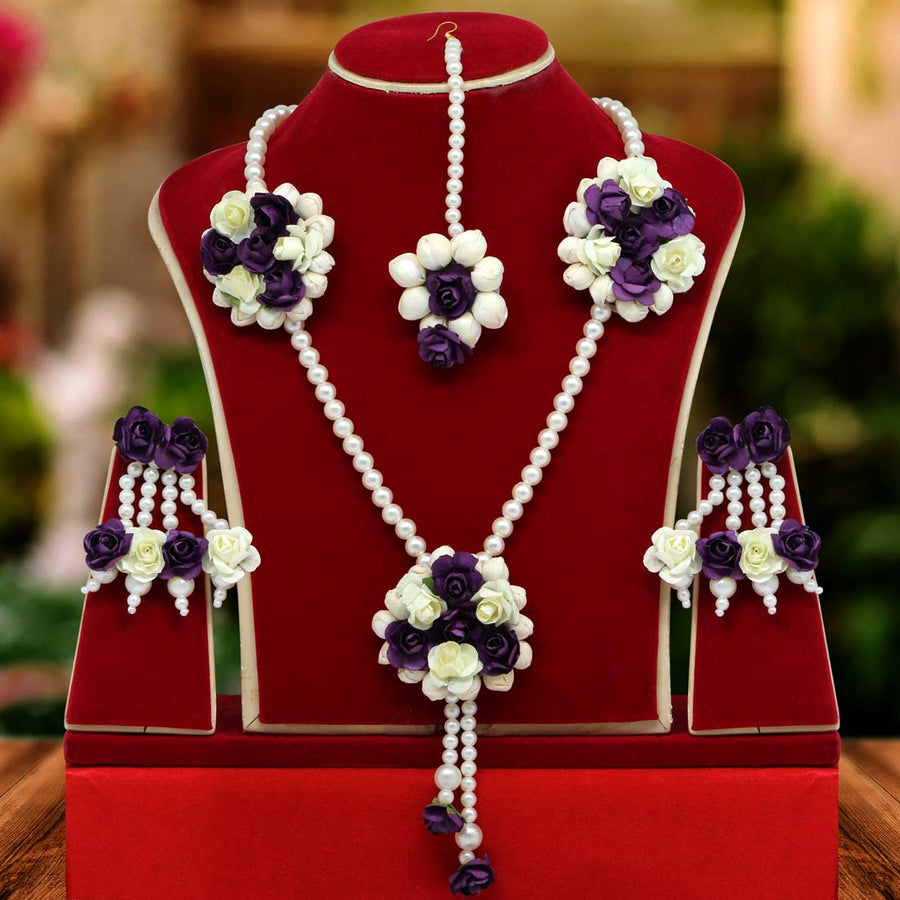 Purple & White Color Synthetic Rose Floral Necklace Set (TRN1728PRPWHT)