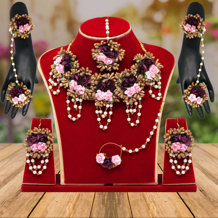 Purple Color Synthetic Rose Floral Bridal Set (TRN1729PRP)