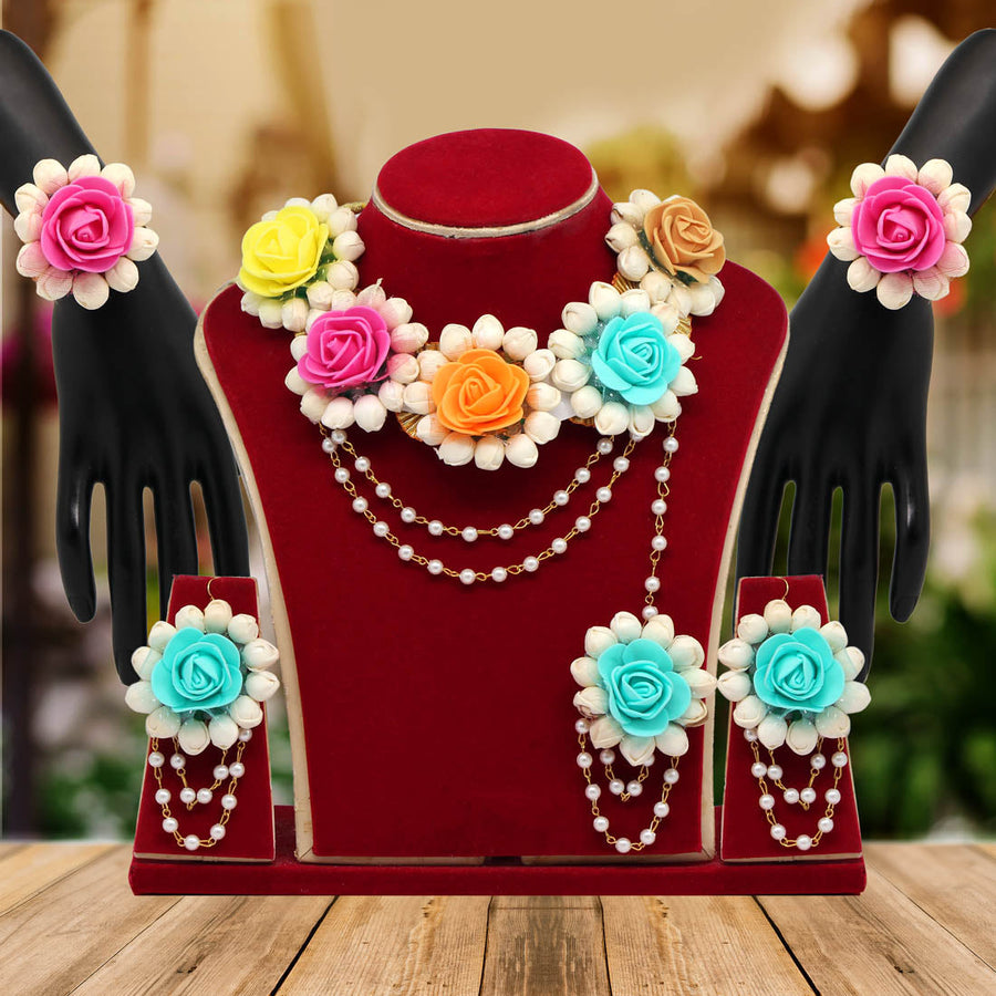Multi Color Synthetic Rose Floral Necklace Set (TRN1739MLT)